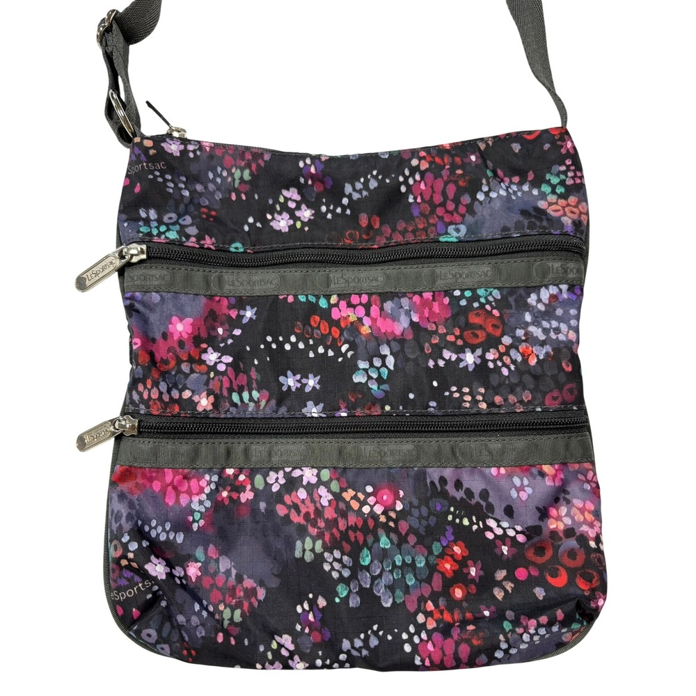 LeSportsac Crossbody‎ Bag Black Quinn Floral Nylon Triple Zip Messenger